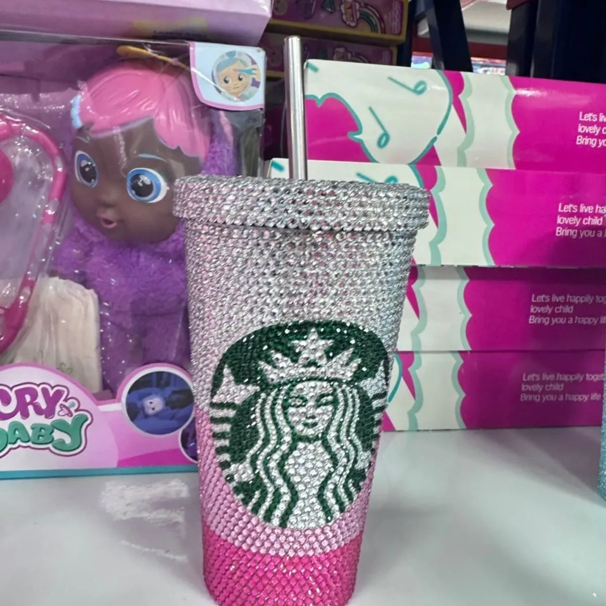 Kubek ze słomką Starbucks z cyrkoniami srebrno-różowy