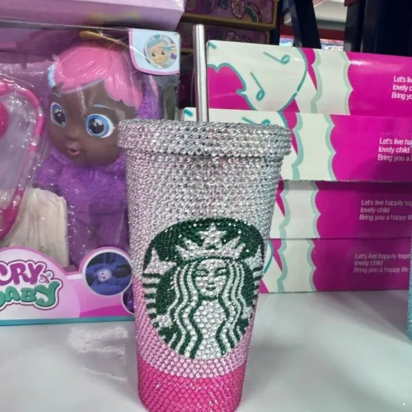 Kubek ze słomką Starbucks z cyrkoniami srebrno-różowy