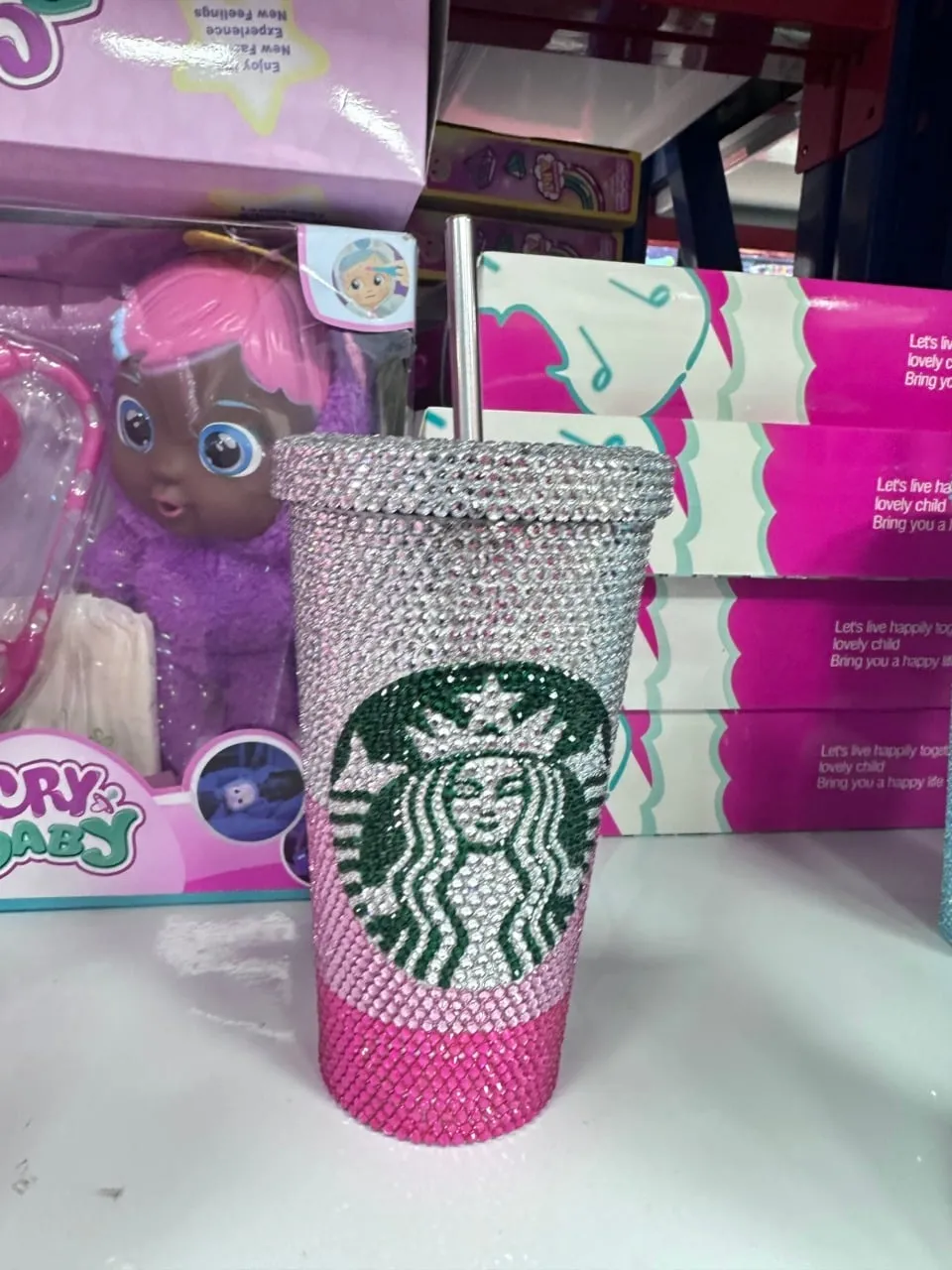 Kubek ze słomką Starbucks z cyrkoniami srebrno-różowy