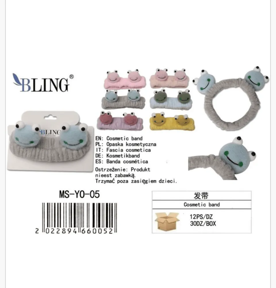 Opaska kosmetyczna Żabka BLING dla dzieci szara pluszowa