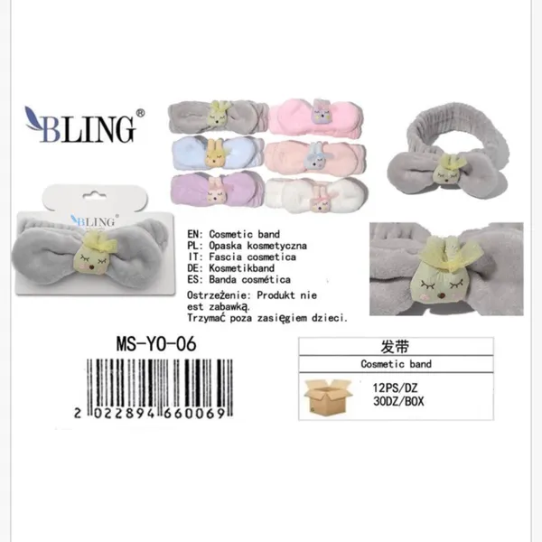 Opaska kosmetyczna BLING pluszowa z króliczkiem mix kolorów