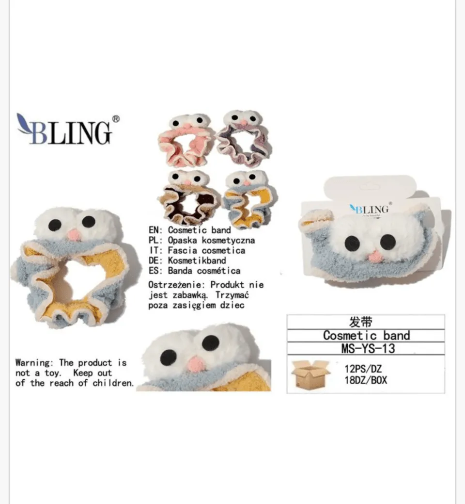 Opaska kosmetyczna Bling pluszowa z oczami mix kolorów 12szt