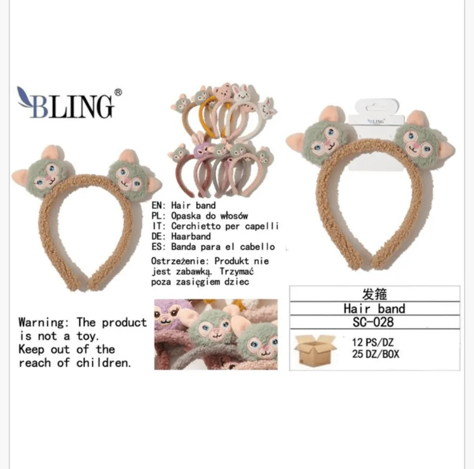 Opaska do włosów z uszami zwierzątka BLING pluszowa mix SC-028