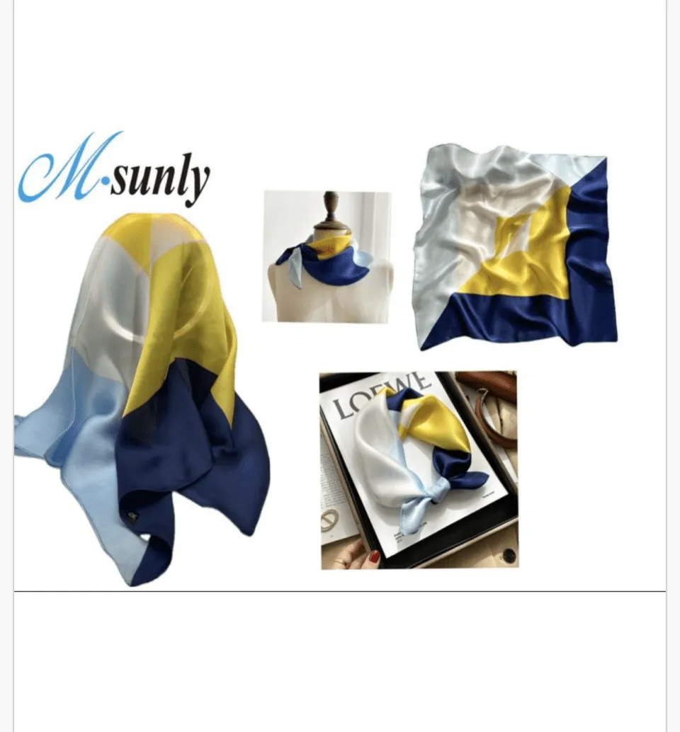 Chusta do włosów jedwabna geometryczna M-sunly biało-niebiesko-żółta