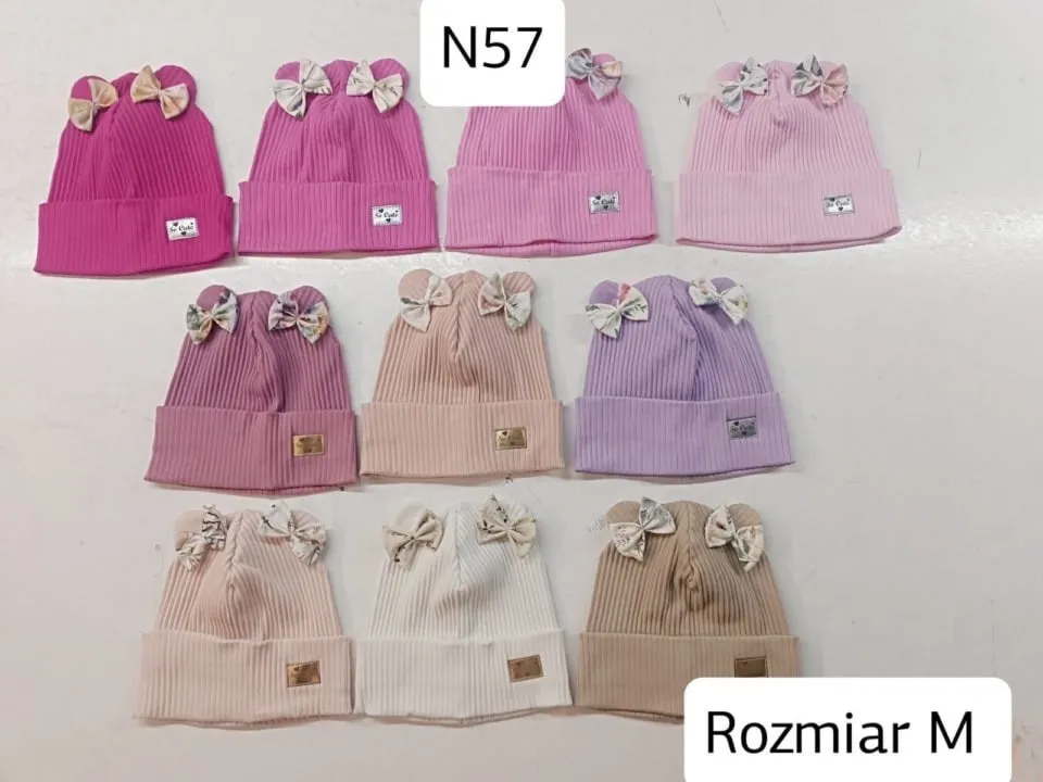 Czapka dla dzieci prążkowana z uszami i kokardkami Rozmiar M Mix N57