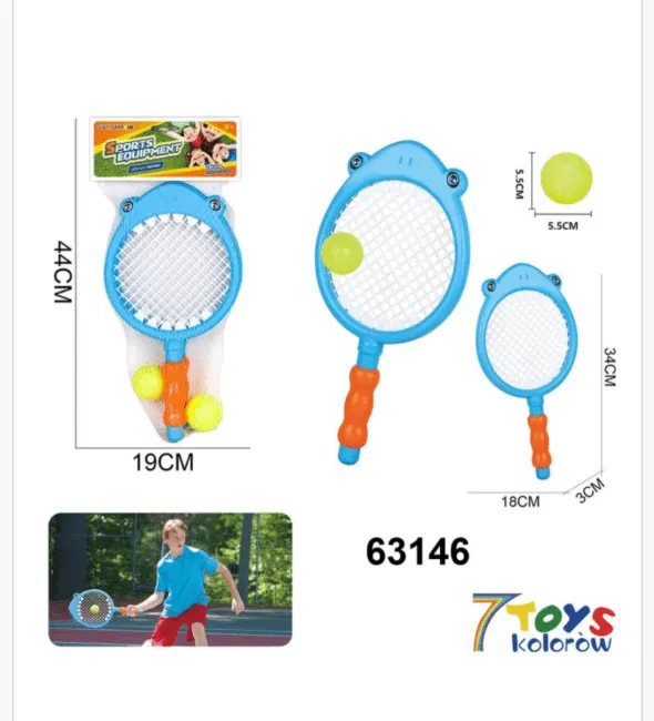 Zestaw Rakietki Tenisowe 34cm z Żabkami, 2 Rakiety 2 Piłki, Kolorowe