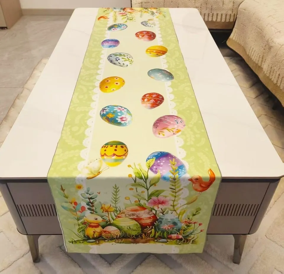 Bieżnik wielkanocny 40x180cm, wzór pisanki i kwiaty, zielony