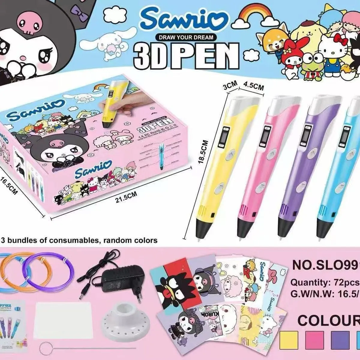 Długopis 3D Kuromi Sanrio 18.5cm - Zestaw z Filamentem, 6 szt.