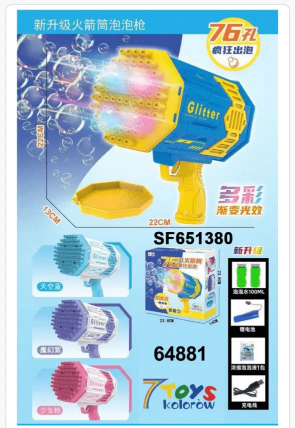 Glitter Bubble Gun - Pistolet do baniek 76 otworów, LED, 22cm