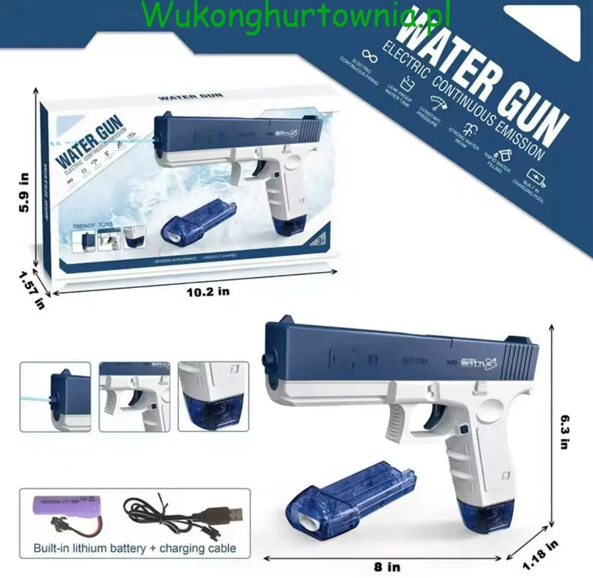 Pistolet Elektryczny na Wodę 20cm USB Niebiesko-Biały 6szt