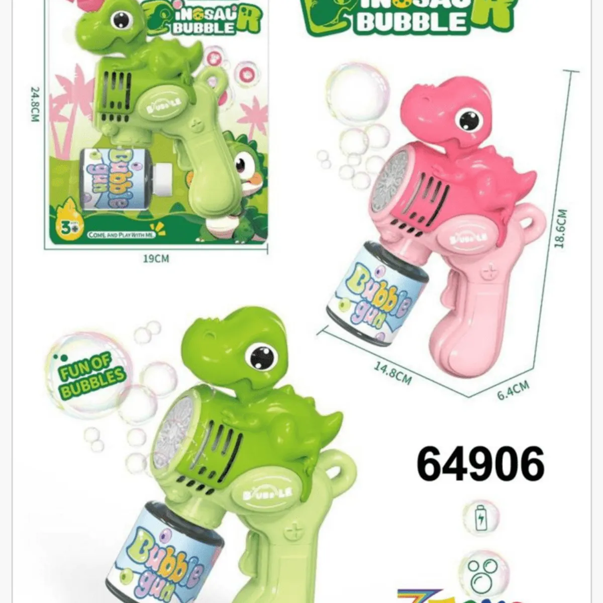 Pistolet do baniek dinozaur elektryczny 18,6cm mix zielony/różowy