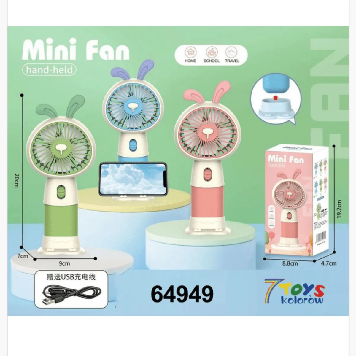 Mini Wiatrak Elektryczny Ręczny USB 20cm Uszy Królika 12szt Mix