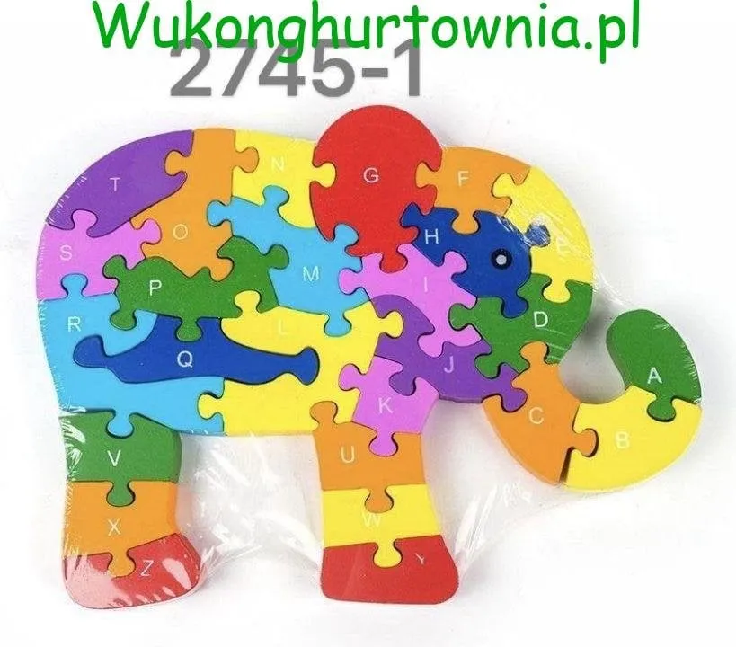 Zabawka Drewniana Puzzle Słoń Alfabet Kolorowy