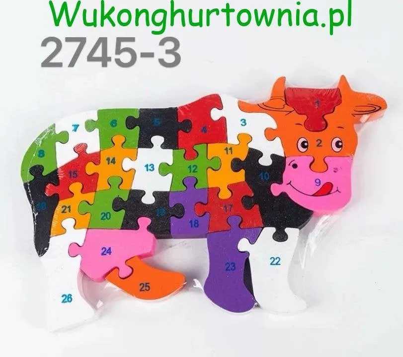 Zabawka Drewniana Puzzle Układanka Krowa Cyfry 26 Elementów