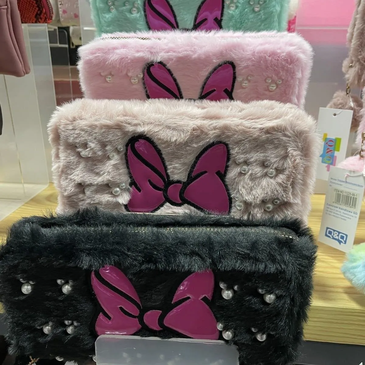 Mini Portfel Pluszowy z Kokardą Perły Kreskówkowe Różne Kolory