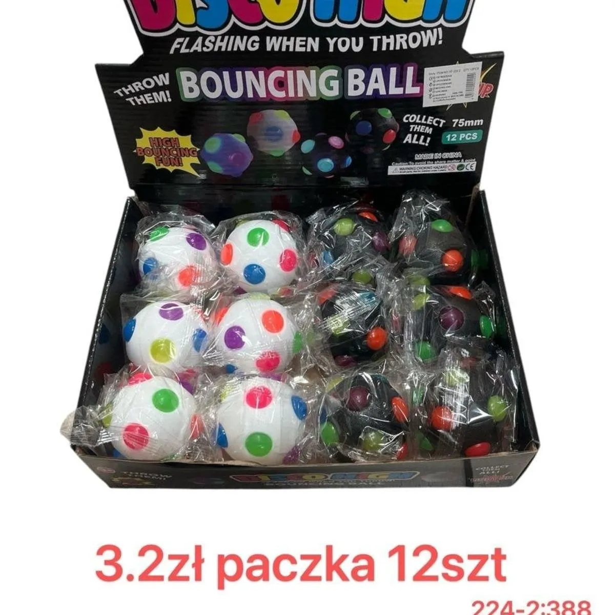 Piłka Bouncing Ball LED 75mm Disco High Świecąca 12szt