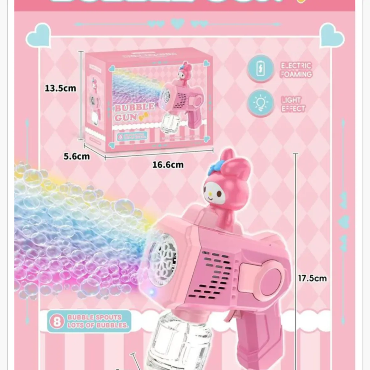 Pistolet do Baniek Elektryczny Różowy Królik 16cm 8 Otworów LED