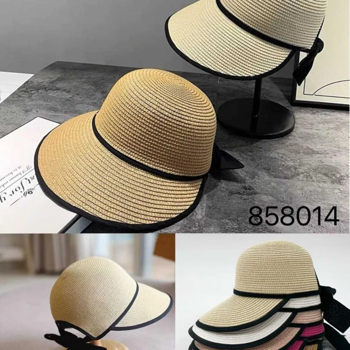 Kapelusz Damski/Dziewczęcy Słomkowy z Czarną Kokardą Mix 12szt