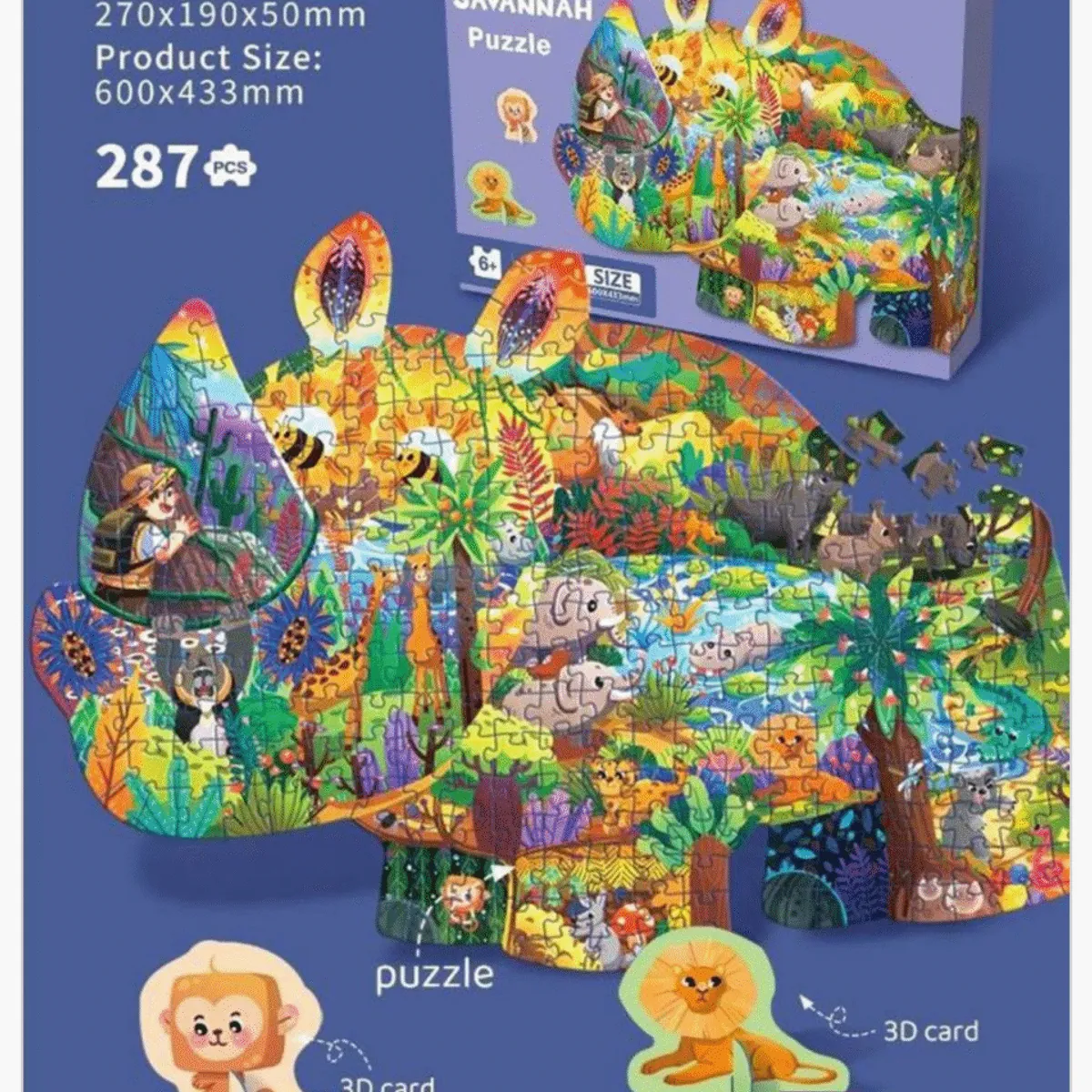 Puzzle African Savannah 287 el. Kształt Nosorożca 60x43cm
