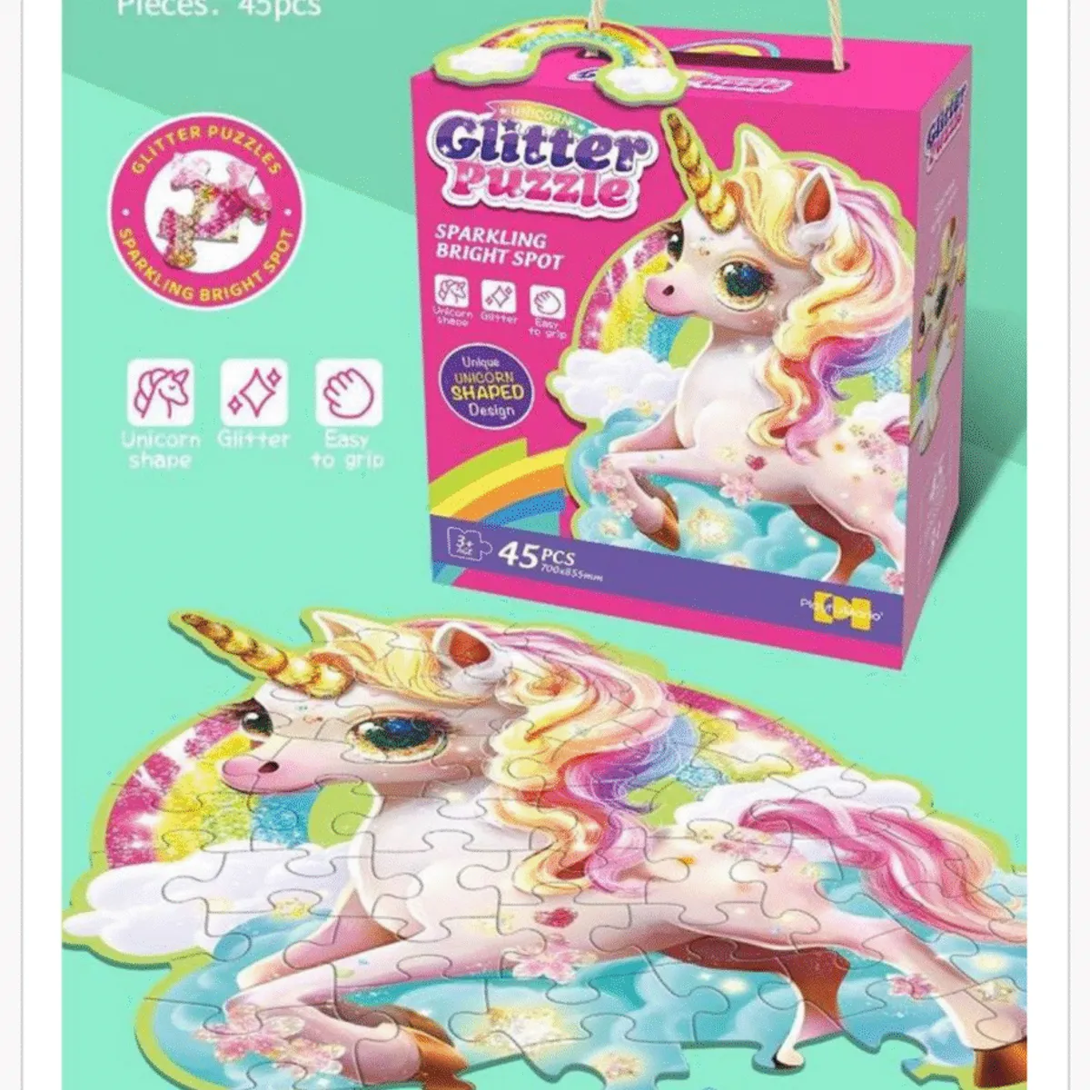 Glitter Puzzle 45PCS Jednorożec Brokatowe 70x85cm Kształtowe
