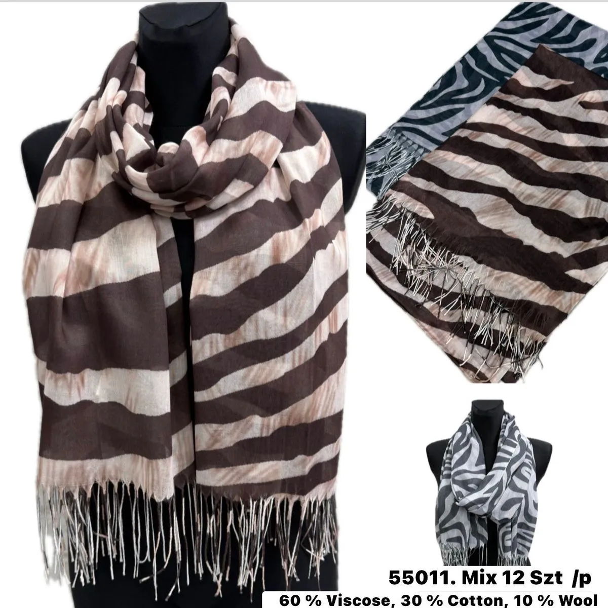 Szaliki damskie T151225-27 60% wiskoza mix 12 szt