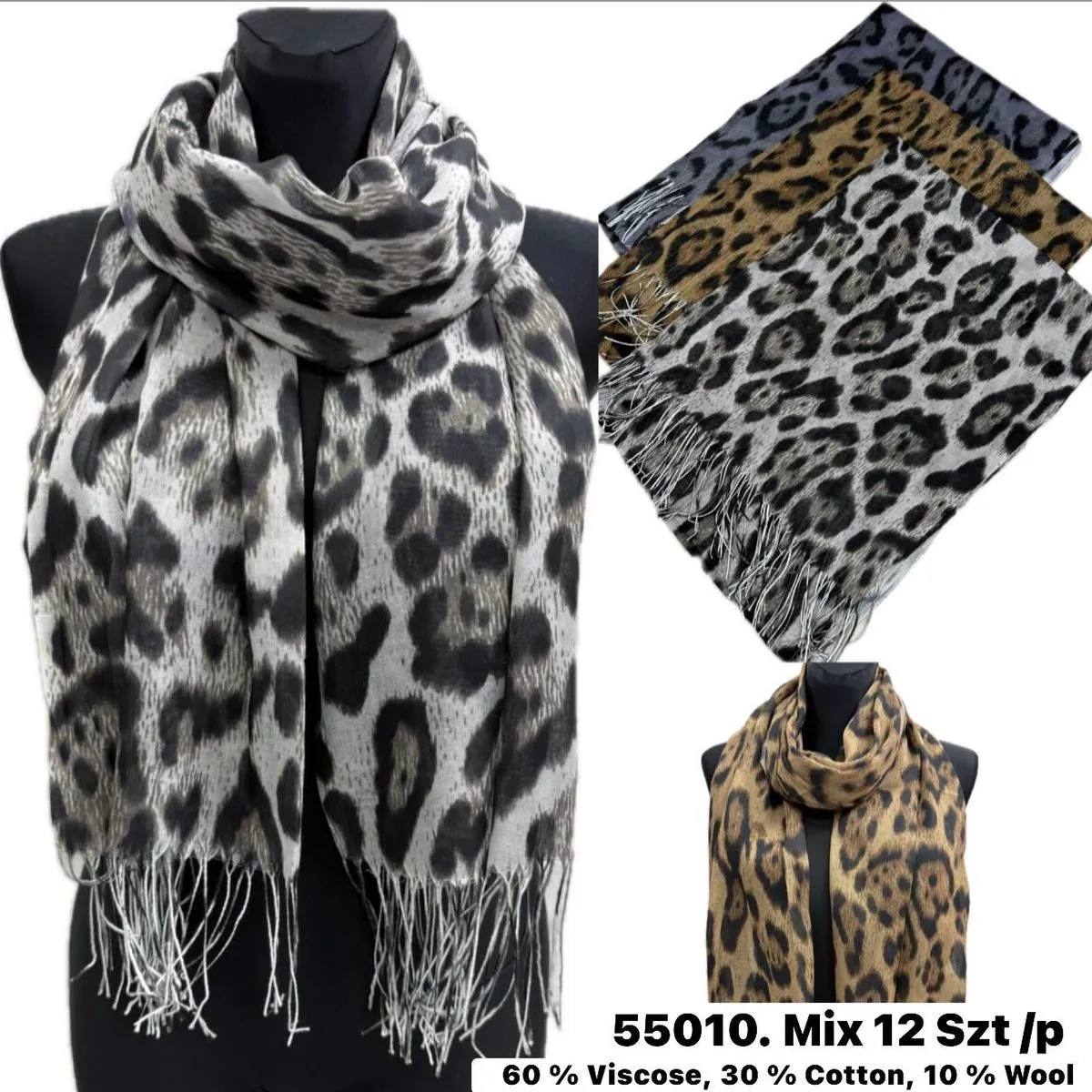 Szaliki damskie leopard wzór 60% wiskoza mix 12 szt
