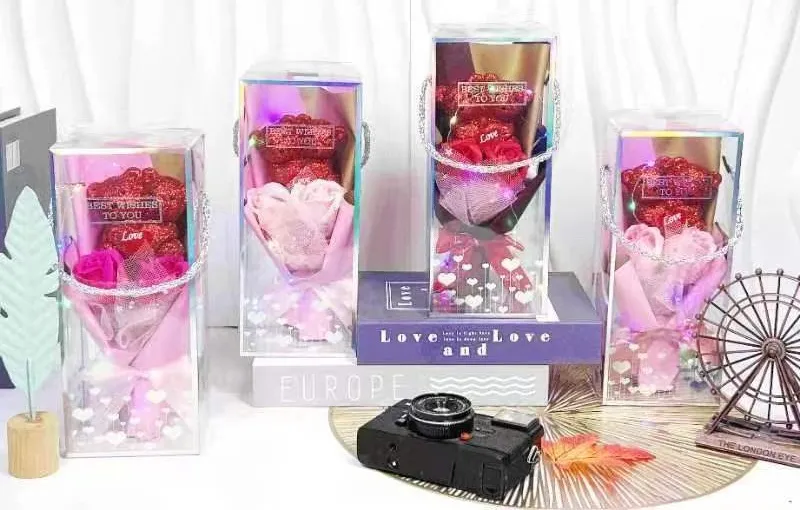 Pudełko Prezent Kwiaty LED Różowe 25x10x8cm