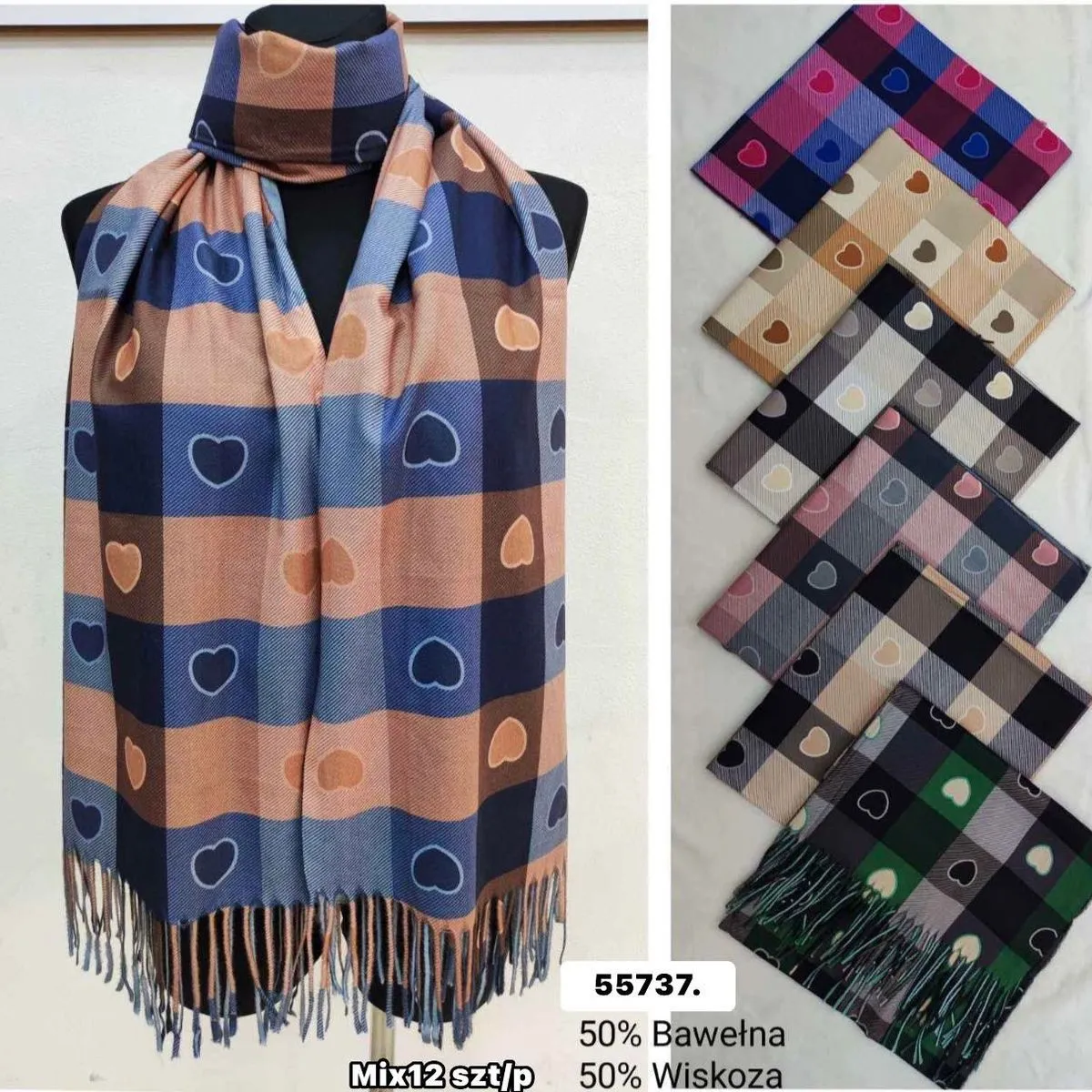 Szaliki damskie Mix 12 szt 50% wełna W10226-129