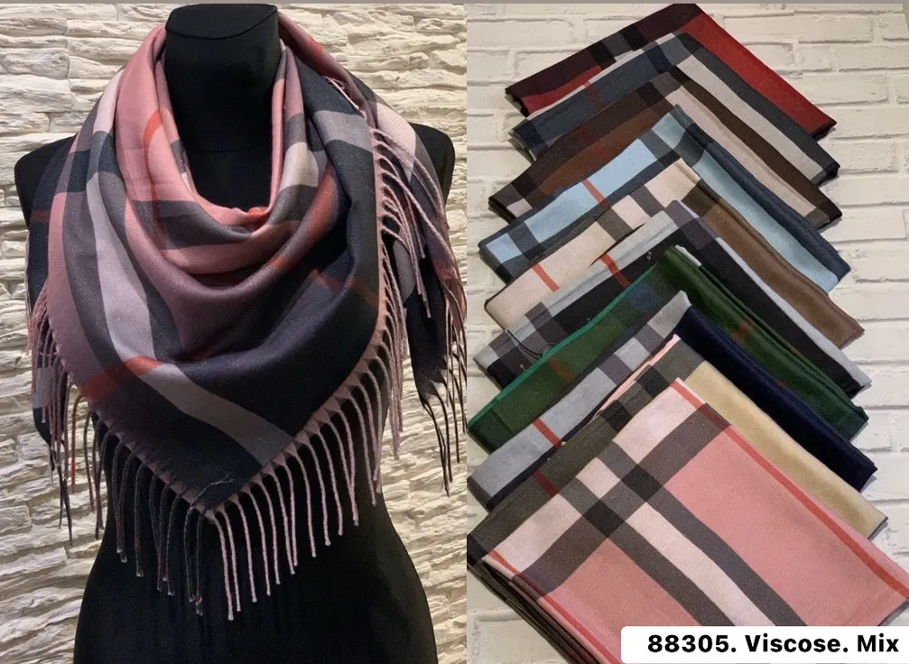 Szaliki damskie w kratę z frędzlami 88305 Viscose Mix