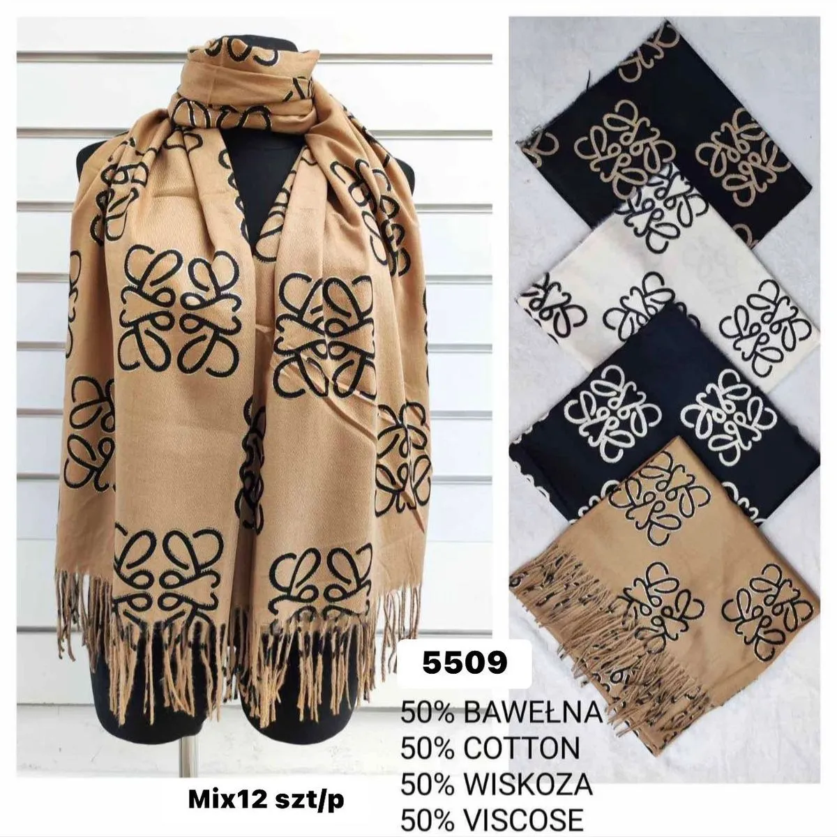 Szaliki damskie wzór kwiatowy beż/czarny 50% bawełna