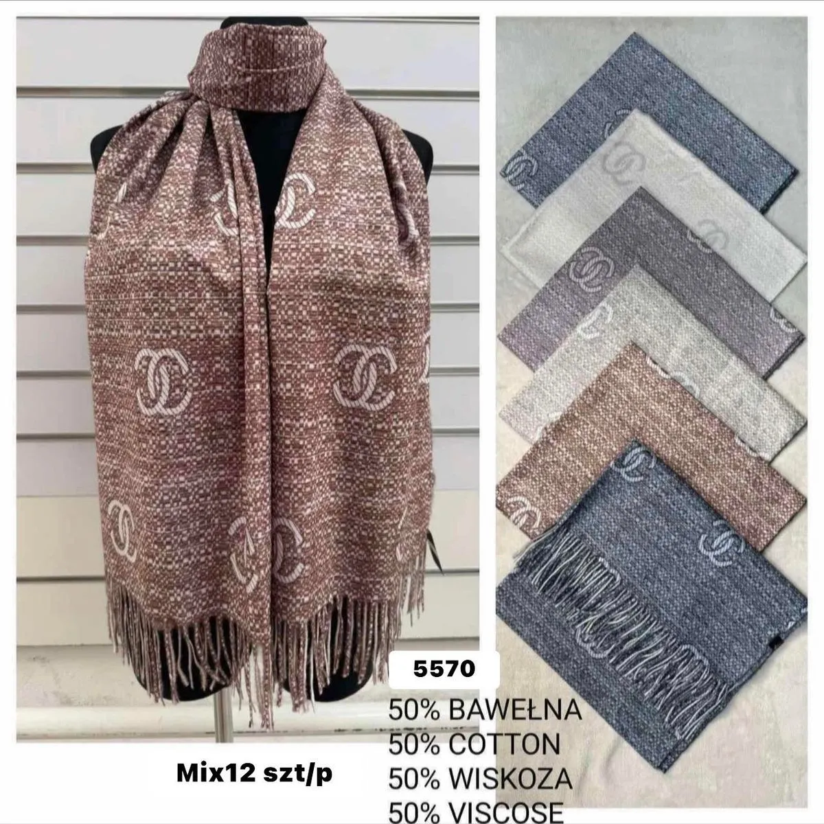 Szaliki damskie z logo 50% bawełna 50% wiskoza Mix 12 szt W10226-160