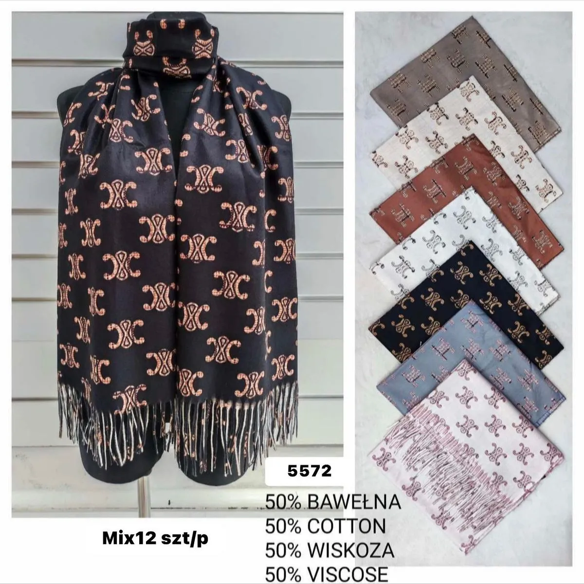 Szaliki damskie Mix 12 szt 50% bawełna 50% wiskoza