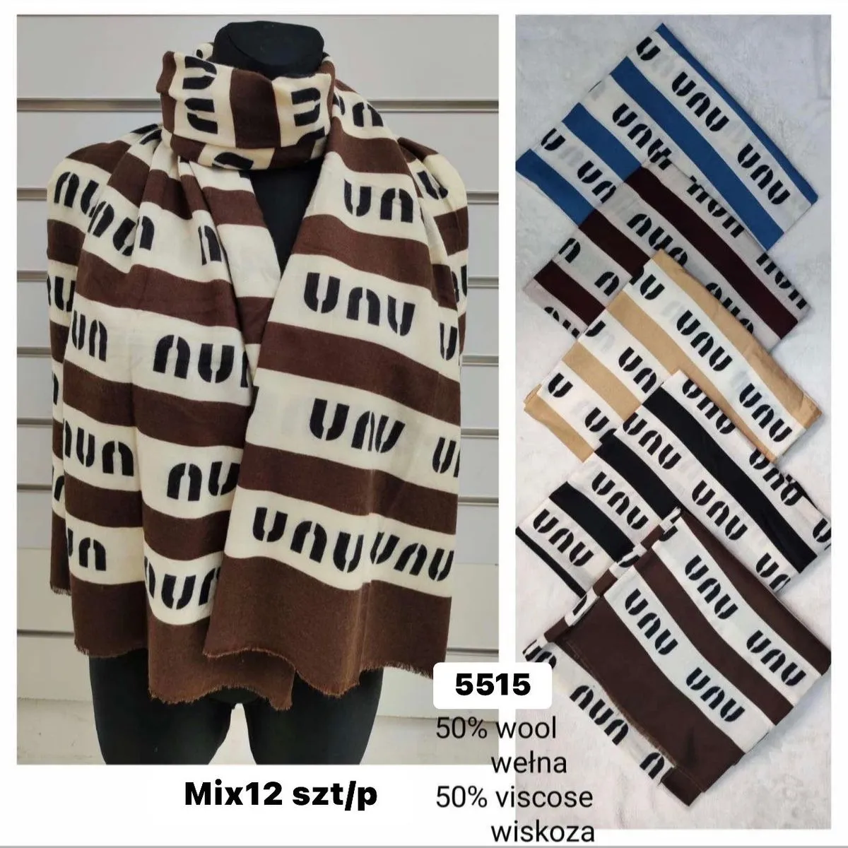 Szaliki damskie mix 12 szt 50% wełna W10226-163