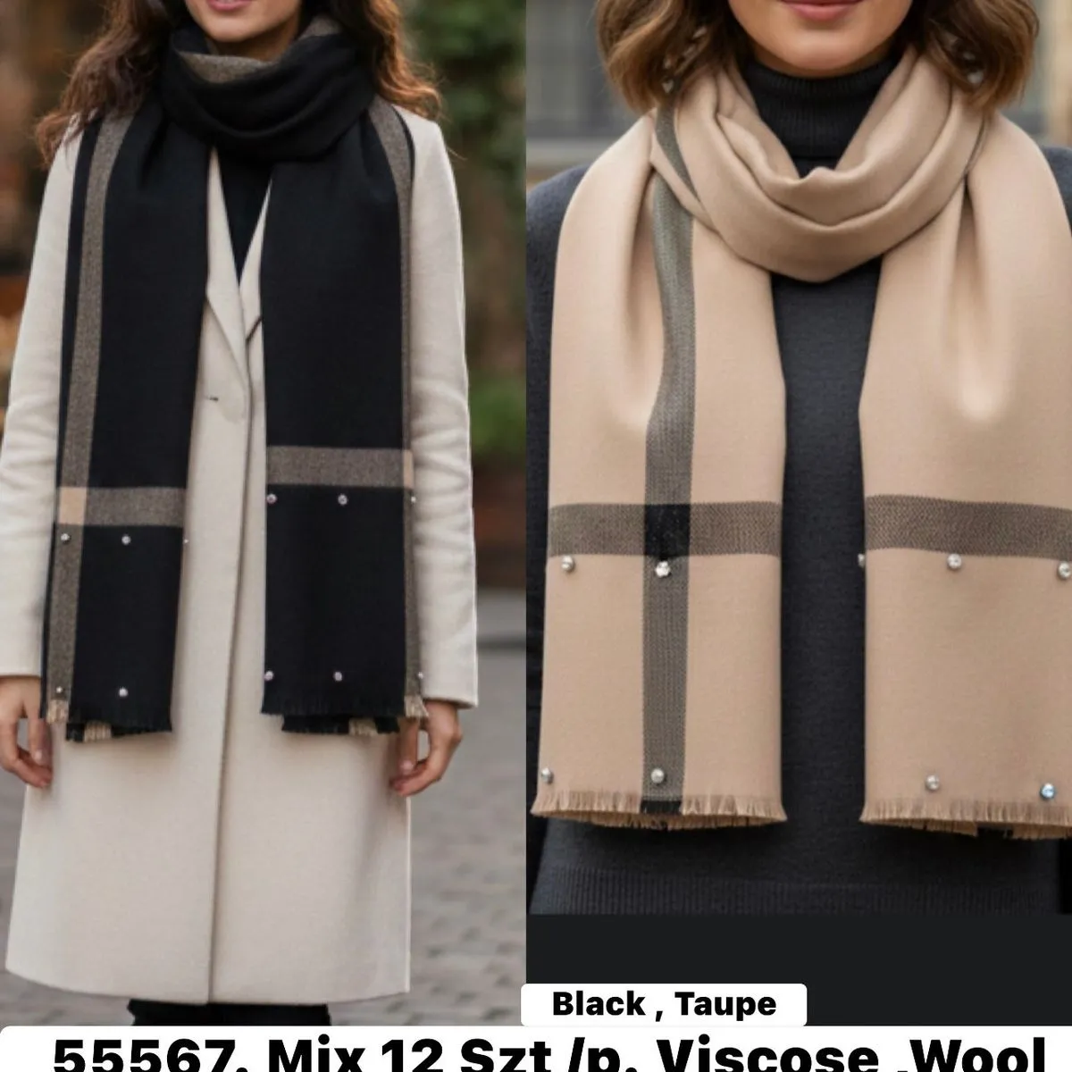 Szaliki damskie czarne i taupe z wełną W10226-65