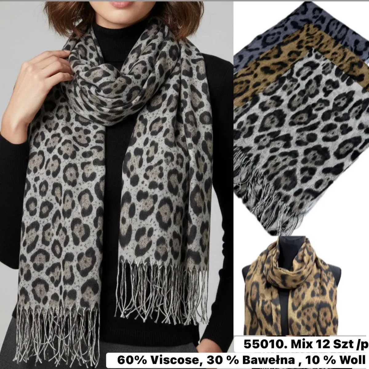 Szaliki damskie wzór leoparda 55010 Mix 12 szt