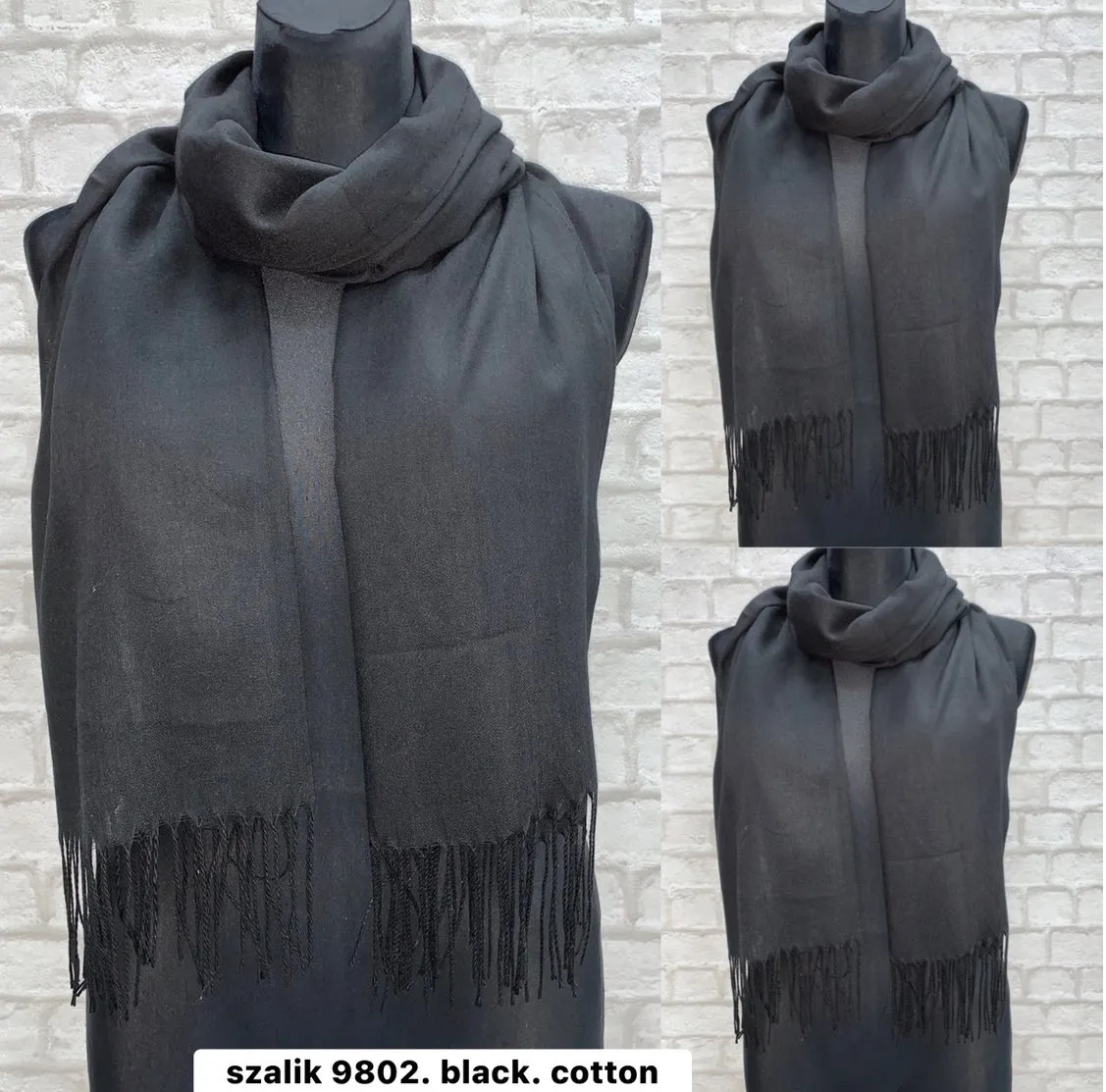 Szal damski czarny bawełna z frędzlami W10226-94
