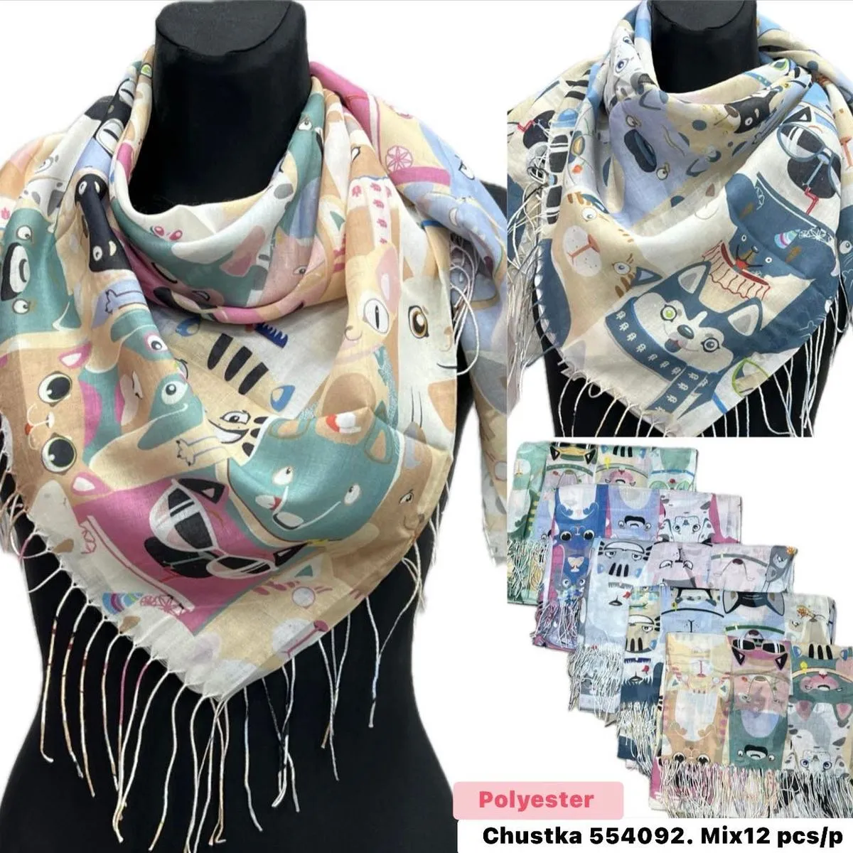 Szaliki damskie z kotami Chustka 54092 Mix 12 szt
