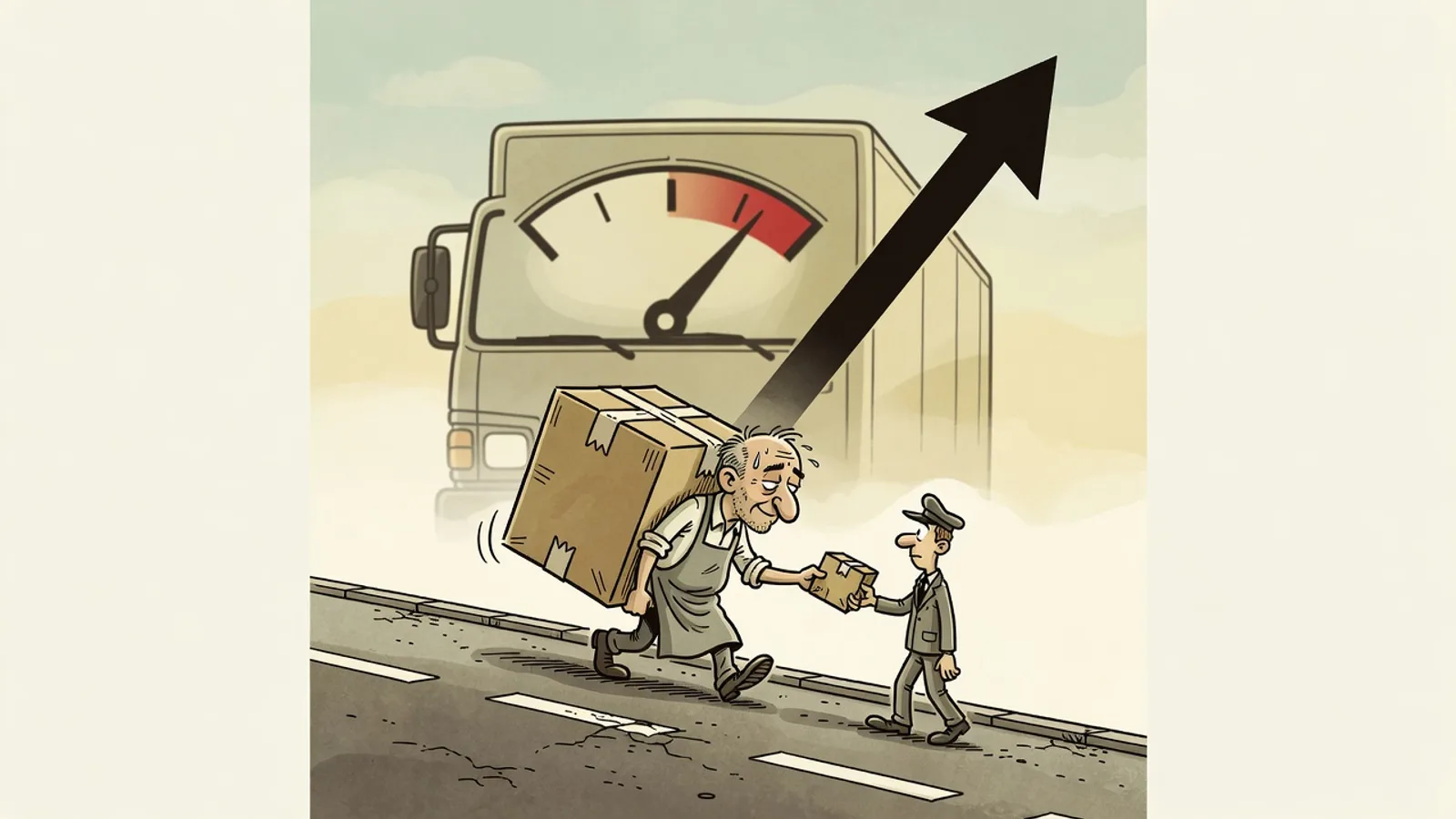 Ilustracja: rosnące koszty transportu – wskaźnik paliwa ciężarówki i strzałka w górę