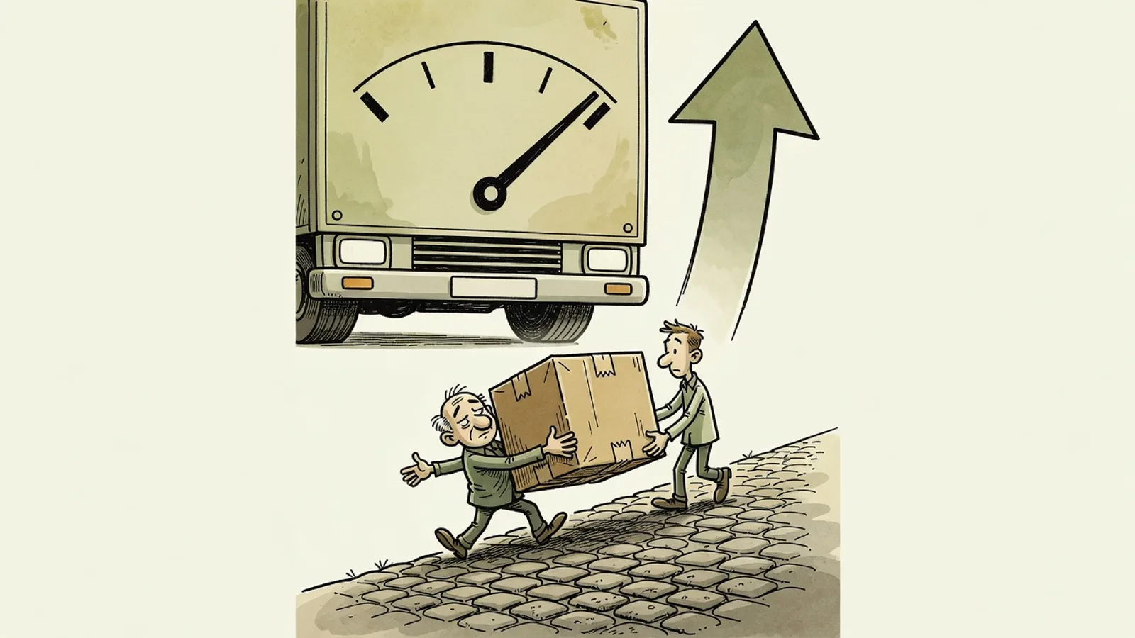 Ilustracja: sprzedawca i kurier wspólnie niosą paczkę