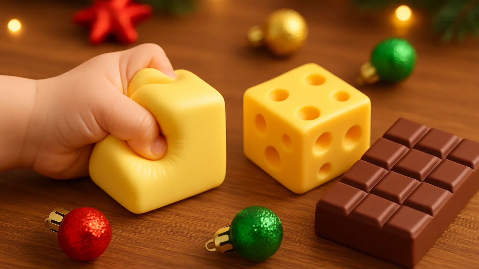 Dziecięca dłoń ściska gniotka w kształcie kostki masła, obok squishy ser i czekolada