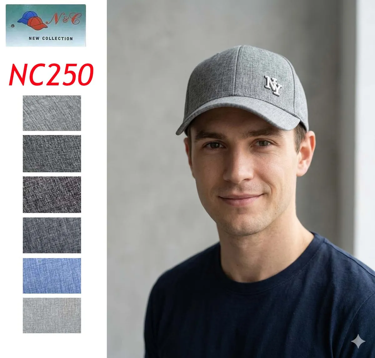 Czapka N&C NC250 Szara Męska z Haftem NY