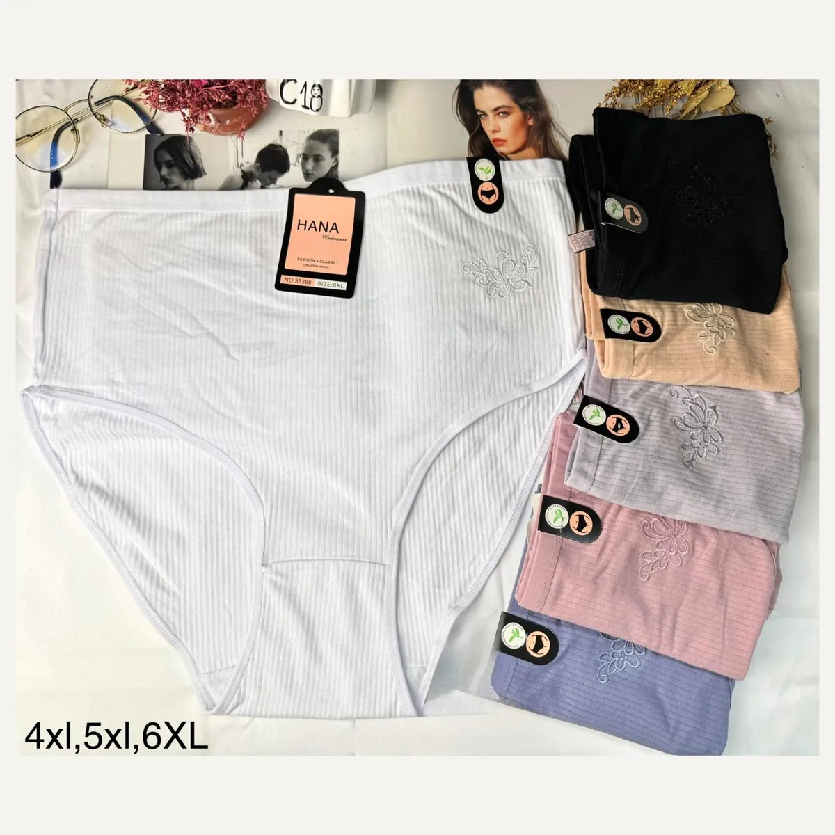 Majtki damskie Hana 4XL-6XL prążkowane z haftem