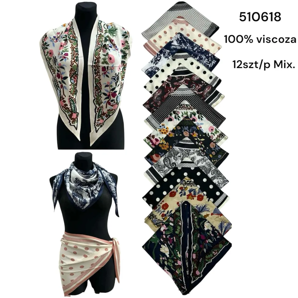 Chusty damskie 100% wiskoza mix wzorów 12 szt/pak.