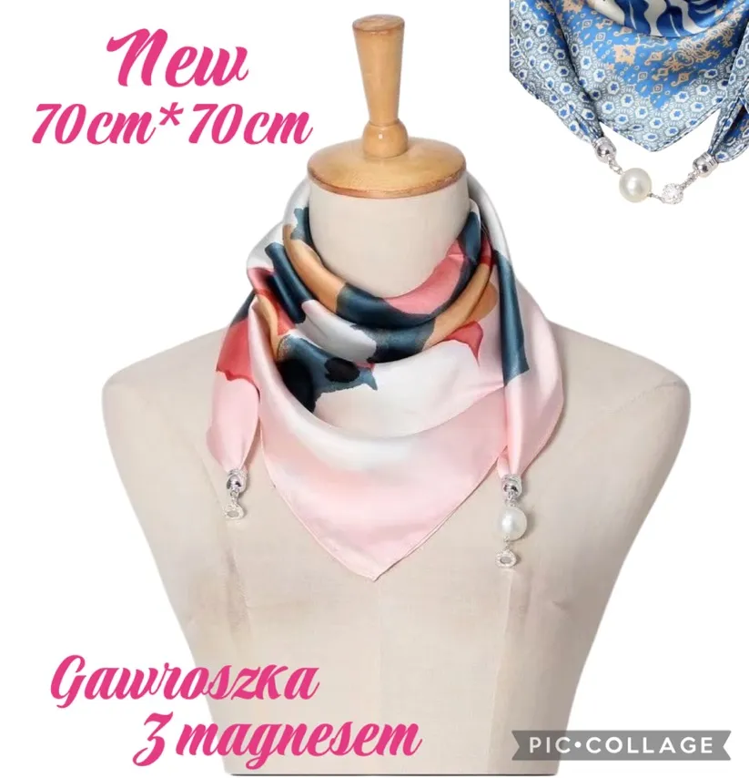 Chusta jedwabna 70x70cm wielobarwna z zawieszkami perłowymi