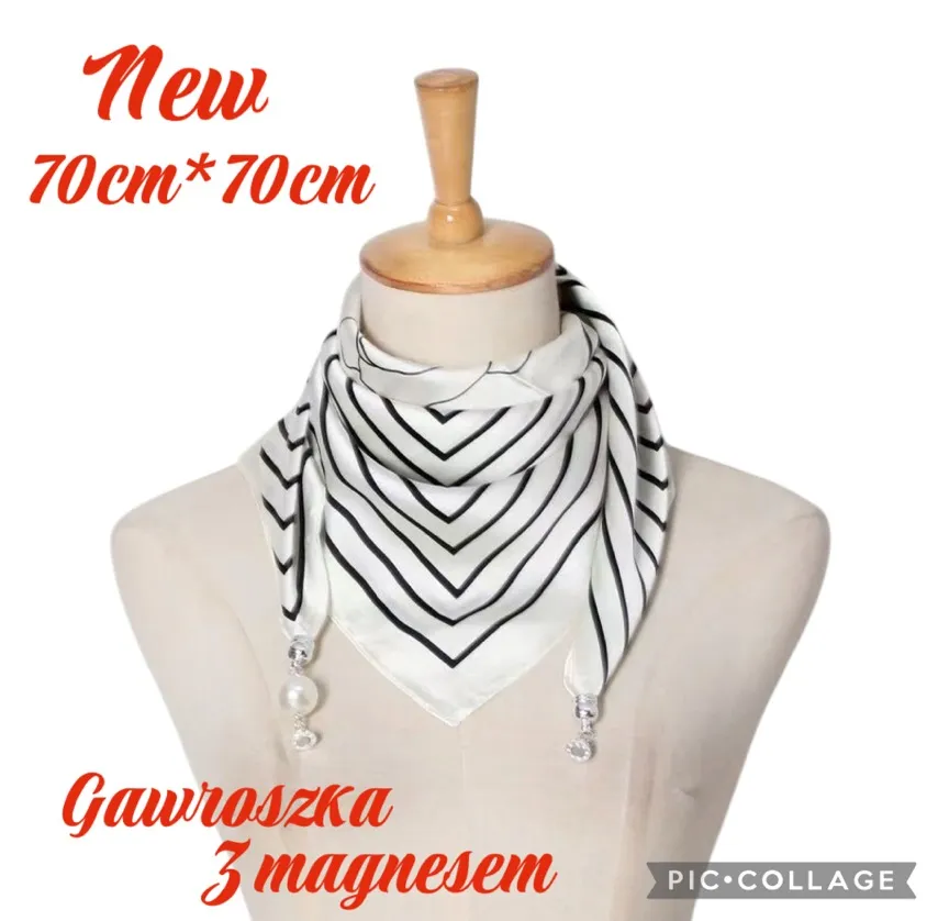 Chusta jedwabna biała-czarna 70x70cm z magnesami