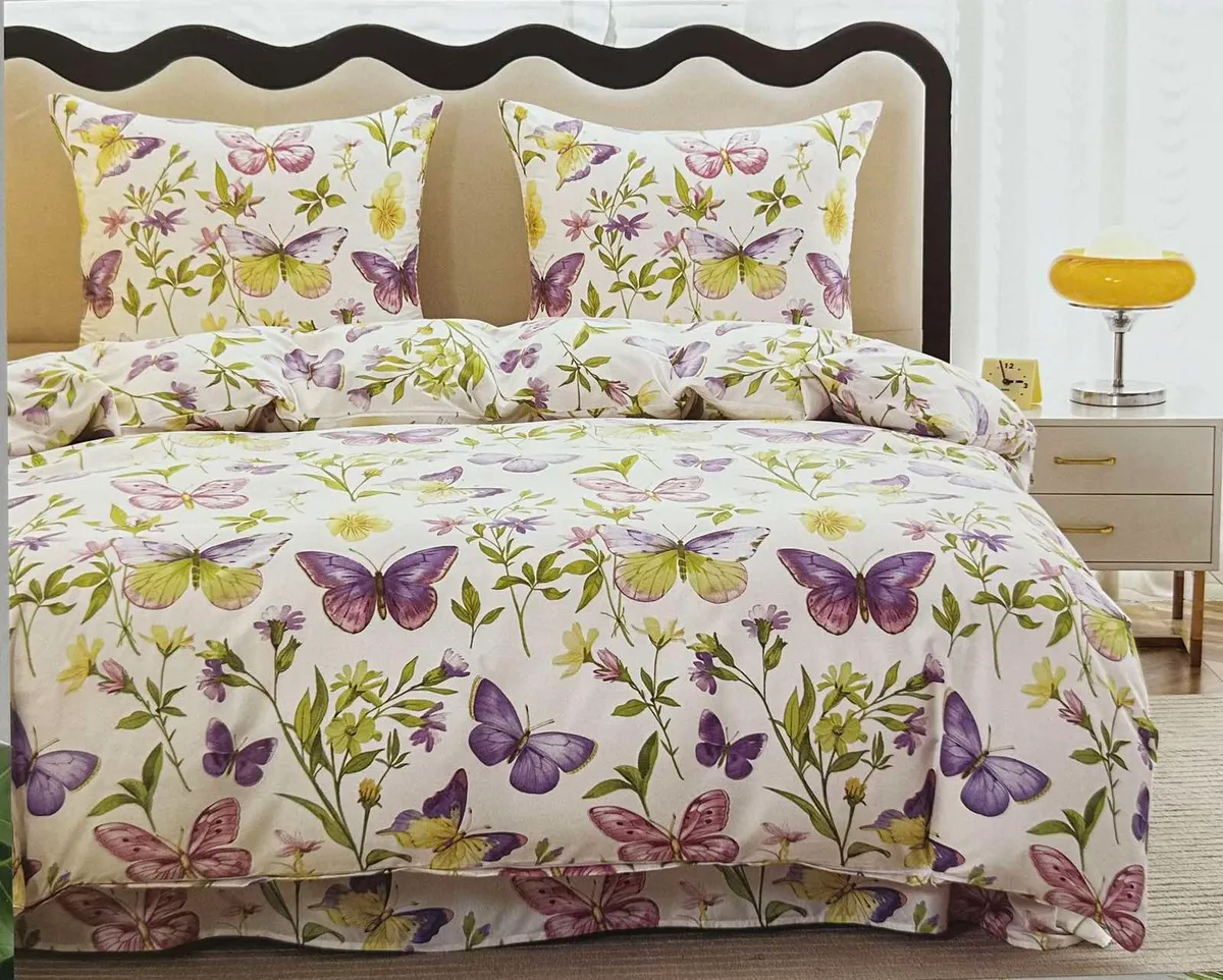 Komplet pościeli 5D motywy motyli fioletowo-żółty