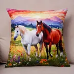Poszewka 40x40cm z końmi biały i kasztanowy zachód słońca