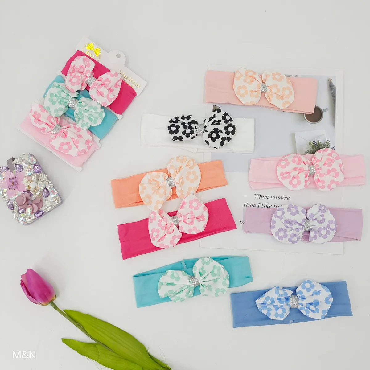 Opaski dla dzieci z kokardami kwiatowymi wielokolorowe