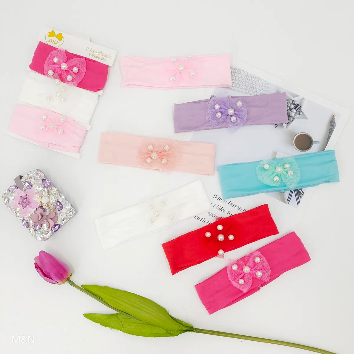 Opaski DJ headbands dla dzieci z perełkami 6 szt mix kolorów