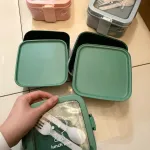 Lunchbox 2-piętrowy Miętowy z Sztućcami Plastikowy
